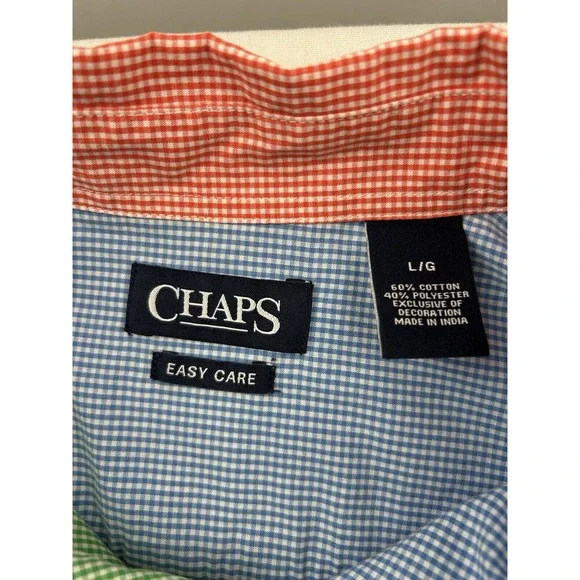 Chaps‎ Mens Large Easy Care Gingham Shirt Colorblock Green Blue Red Long Sleeve - Picture 6 of 12